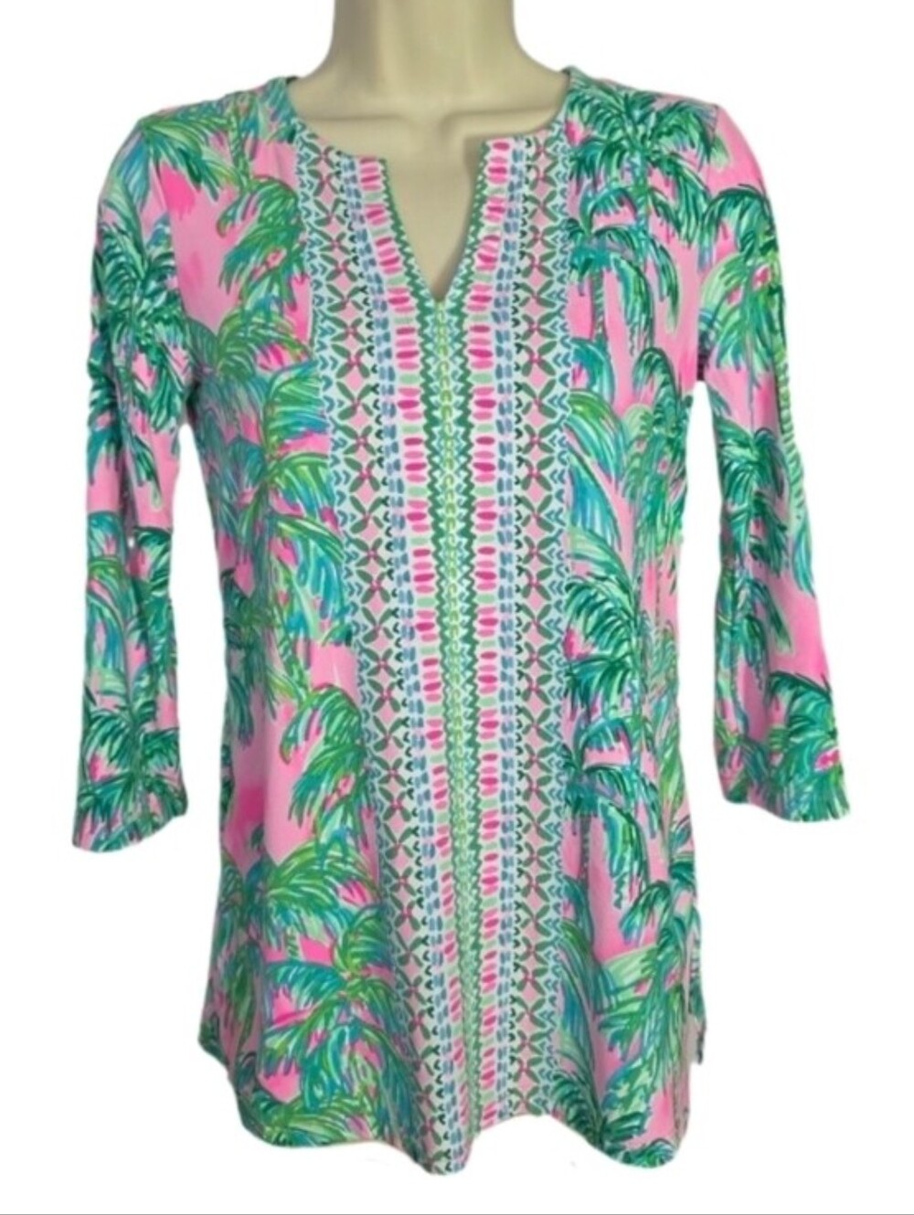 Lilly Pulitzer Top Karina Chilly Palm-Print V-Neck Bracelet Sleeve Green XXS - Picture 4 of 15